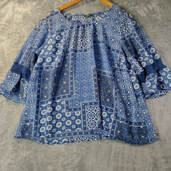 Hannah Womens Blouse L Blue Mosaic Tile Print Sheer Layering Smocked‎ Cuff Boho - Picture 1 of 9